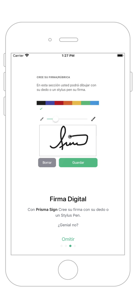 Prisma Sign - A mobile interface showing the digital signature creation screen with a signature drawing area and color options