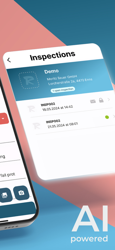 reportly - Interfaz de la aplicación móvil Reportly que muestra una lista de inspecciones actuales y pasadas con detalles del cliente.