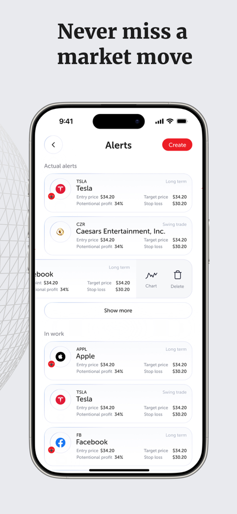 Mobile app screen showing investment alerts for stocks like Tesla and Apple with target prices and potential profit.