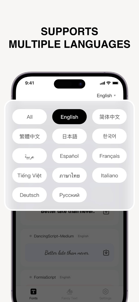 Eine mobile Benutzeroberfläche der Fonts-App, die ein Menü mit unterstützten Sprachen anzeigt, darunter Englisch, Spanisch und Japanisch.