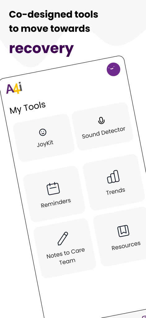A4i - A4i mobile app screen showing therapeutic tools including sound detector reminders and care team notes for recovery management
