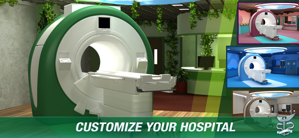 A menu showing customization options for an MRI machine in Operate Now Hospital with the text Customize Your Hospital.