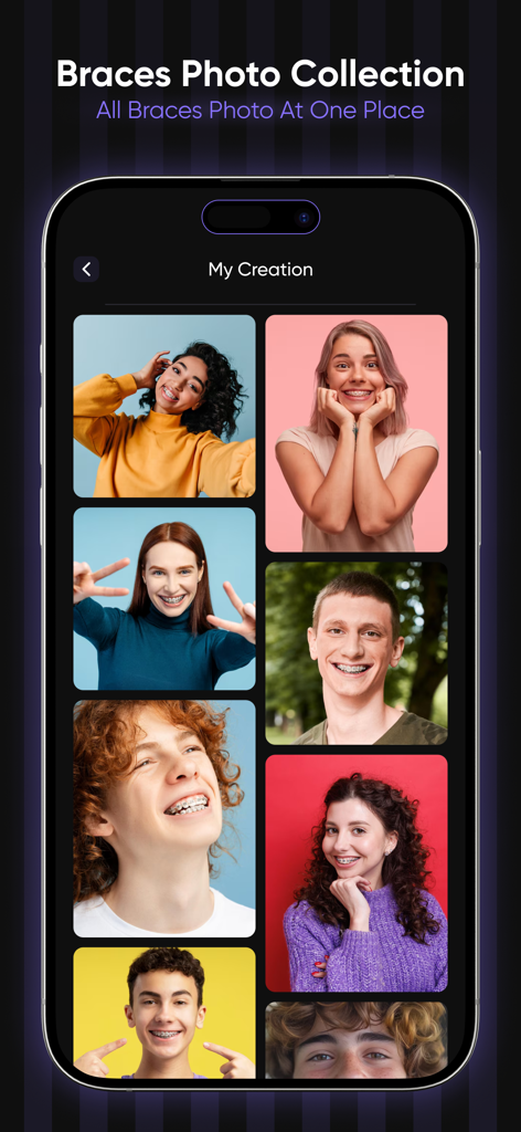 AI Braces Camera Photo Editor - A grid display of various photos featuring people with virtual braces in the My Creation section of the app