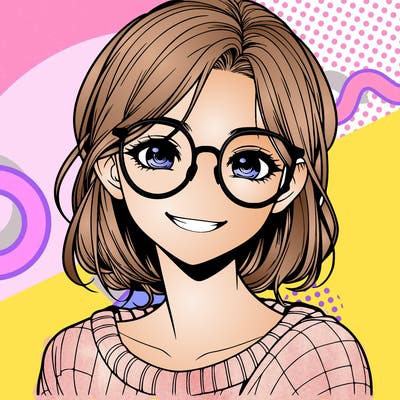 realistic girl with glasses smiling, eyes open