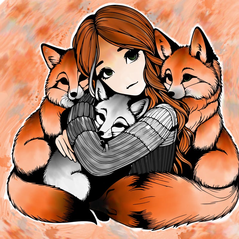 realistic, looking girl hugging, foxes