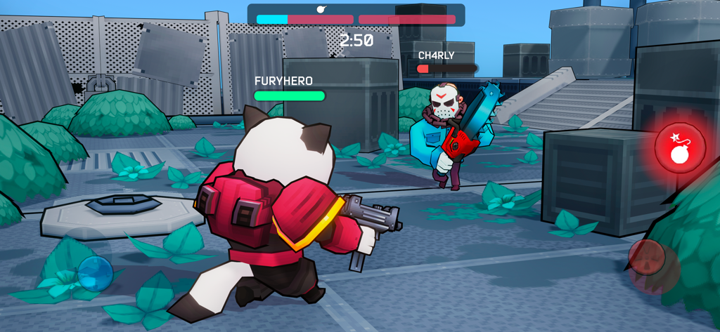 Spielszene aus Fury Wars Online mit einem Panda-Charakter und einem Feind mit einer Kettensäge