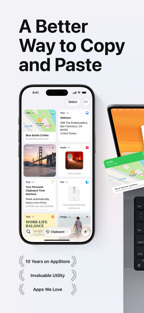 Paste – Limitless Clipboard - Paste app on iPhone showing visual clipboard history with cross-device sync across Mac and iPad