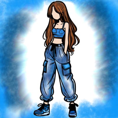 girl in baggy pants crop top and long hair