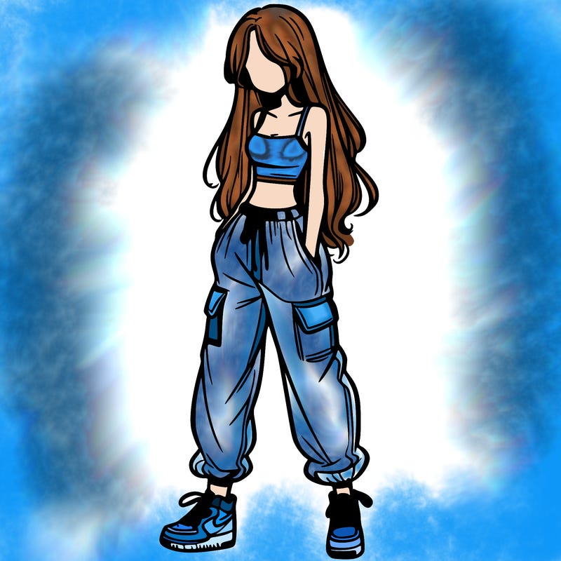 girl in baggy pants crop top and long hair