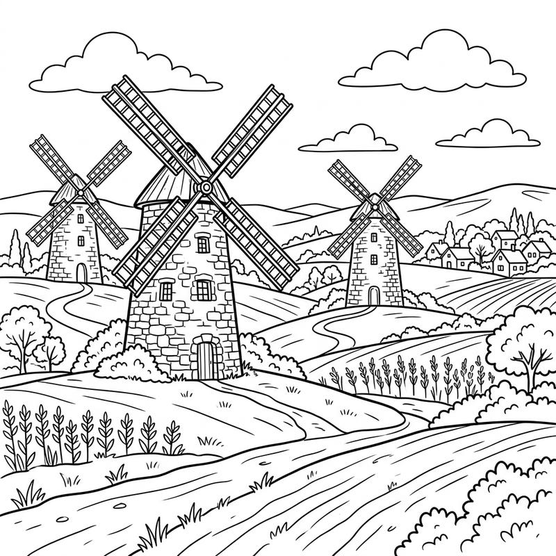 Explore a charming landscape dotted with sturdy stone windmills, designed especially for seniors. This coloring page offers clear outlines and large areas for a relaxing and enjoyable creative experience.