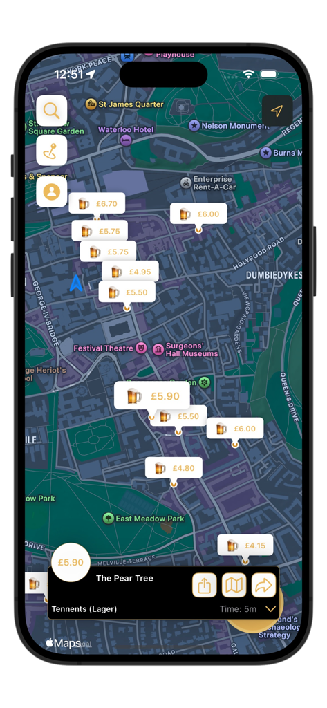 Tap Map App - Interface de l'application Tap Map montrant une carte de la ville avec les prix des pintes dans divers pubs et une carte détaillée pour The Pear Tree