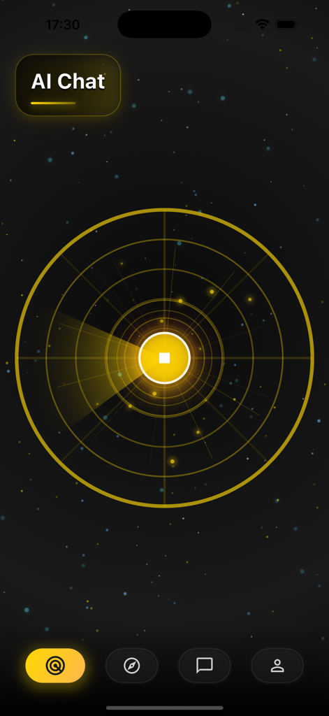 Peameet-Emotional AI Companion - Peameet app interface showing a yellow radar screen for AI chat on a dark starry background
