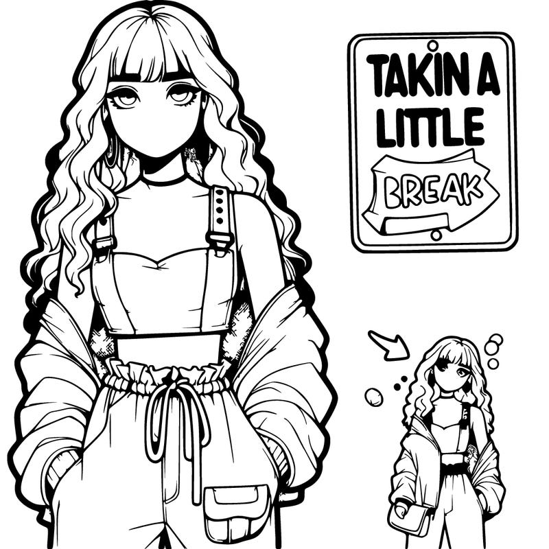 a realistic teenage girl with wavy long hair with a crop top and baggy pants with a big belt with a sign saying taking a little break