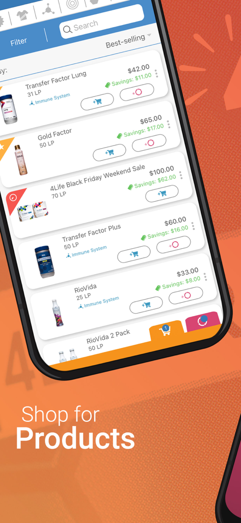 4Life - 4Life 앱 상점 화면에 다양한 건강 보조 식품과 가격이 표시되어 있습니다.