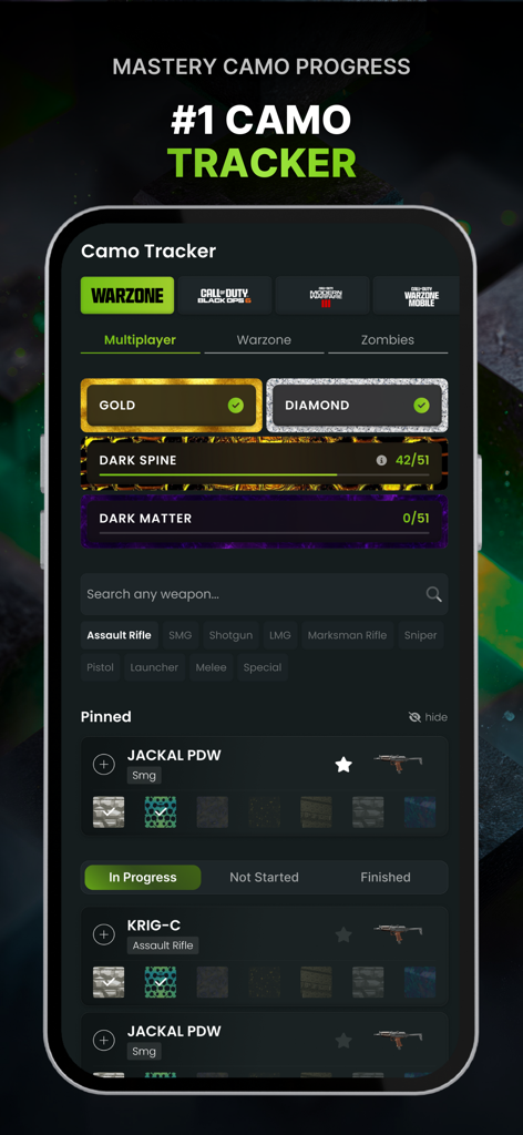 CODMunity: Warzone & BO7 Meta - CODMunity app screen showing mastery camo progress and weapon tracking for Warzone
