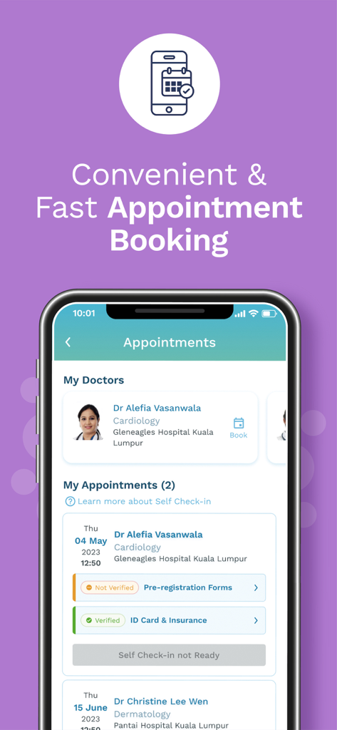 A mobile interface for the MyHealth360 Malaysia app showing doctor appointment booking and management features
