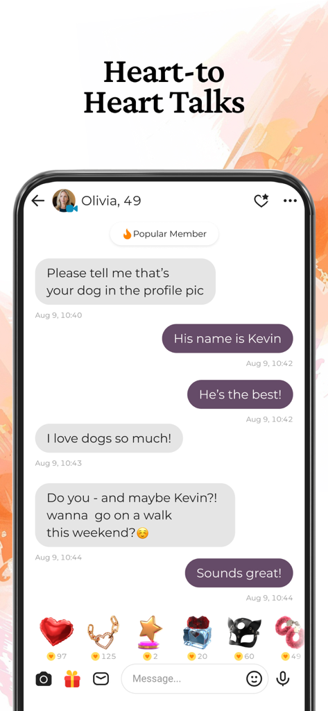 Una interfaz de chat en la aplicación de citas para personas maduras DateMyAge que muestra una conversación entre dos usuarios planeando una cita.