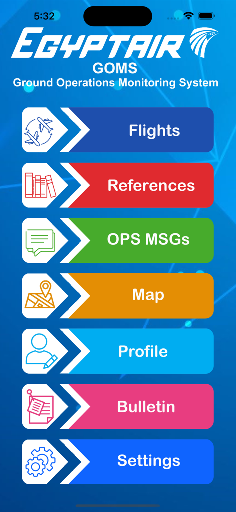 GOMS - Main menu of the EgyptAir GOMS mobile app showing navigation buttons for ground operations monitoring