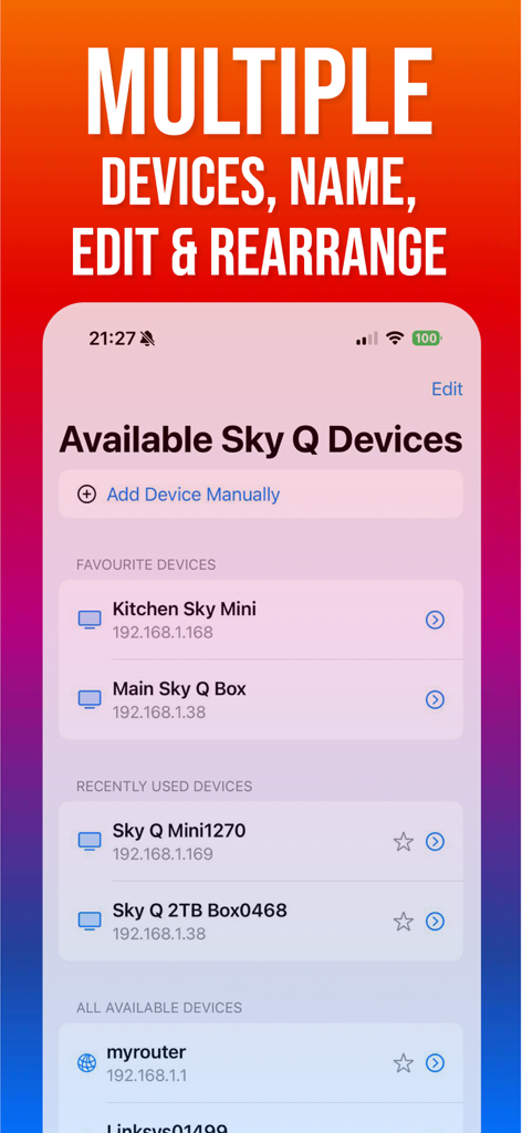 Remote Control for Sky Q - Interfaz para gestionar y seleccionar múltiples decodificadores Sky Q en la aplicación de control remoto.