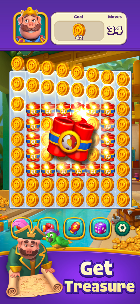 Piggy Kingdom match 3 game board with gold coins and TNT boosters featuring a pirate pig character