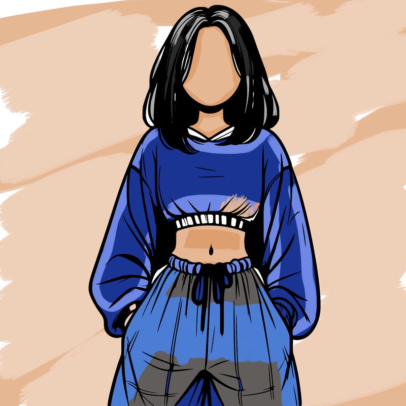 realistic girl faceless with baggy pants and a crop top