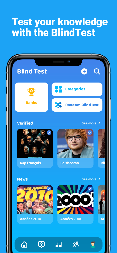 QuizHit - Blind test & Quiz - Pantalla de inicio de la aplicación móvil QuizHit que muestra categorías de pruebas a ciegas de música y rankings.