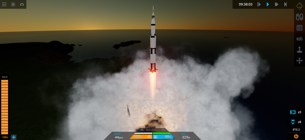 Juno: New Origins - A large rocket launching with massive smoke clouds in the Juno New Origins aerospace simulator