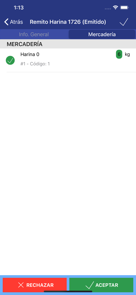 Interfaz móvil de la app Remitos mostrando detalles de mercadería con opciones para aceptar o rechazar un envío.