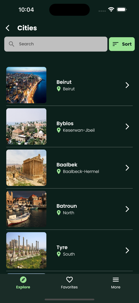 레바논 여행 앱 인터페이스에서 사진과 검색창이 있는 인기 도시 목록