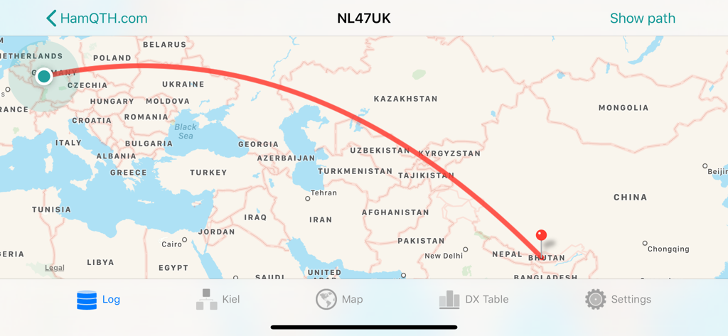 RUMlogNG2Go - A map display within the app showing a radio signal path between Europe and Bhutan
