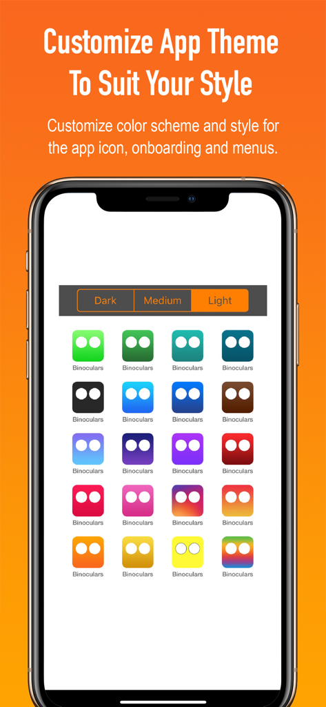 Binoculars - Customization screen of the Binoculars app displaying multiple app icon color choices and theme modes.