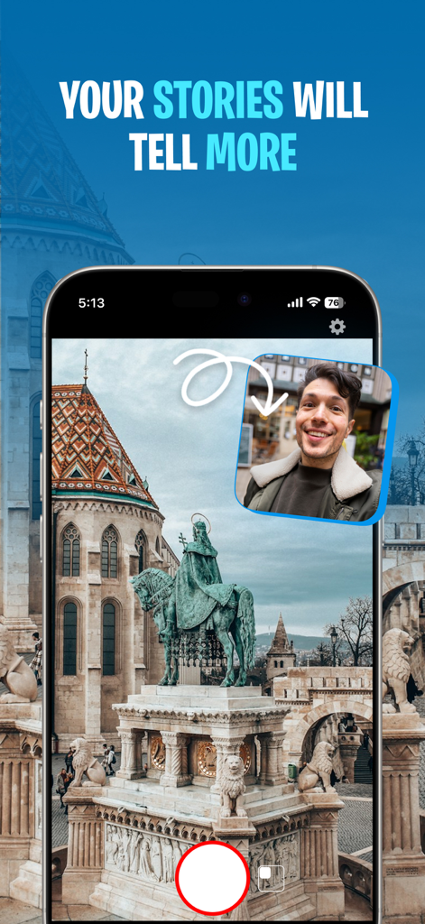Double Camera Recorder - Interface of Double Camera Recorder app showing a travel vlog with picture in picture reaction
