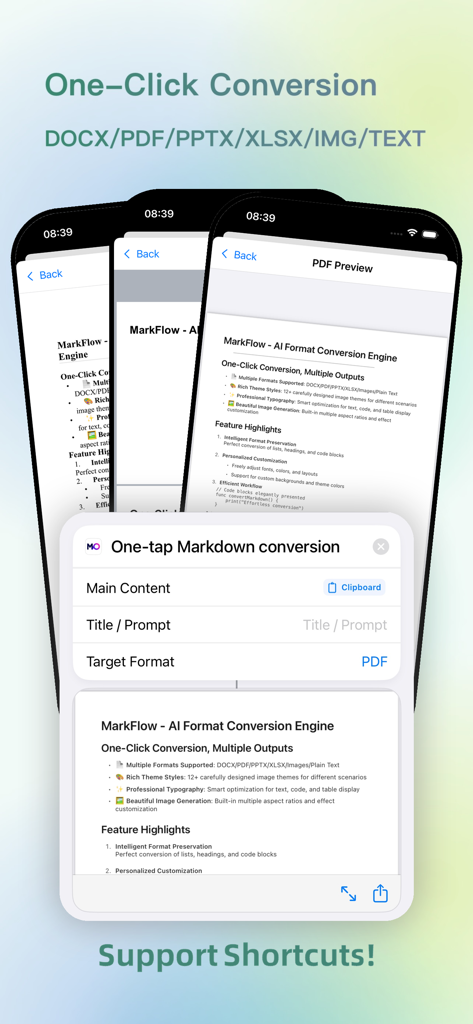 MarkFlow: AI Format Engine - Interfaz de la aplicación MarkFlow mostrando la conversión de Markdown con un toque a PDF usando Accesos Directos de iOS.