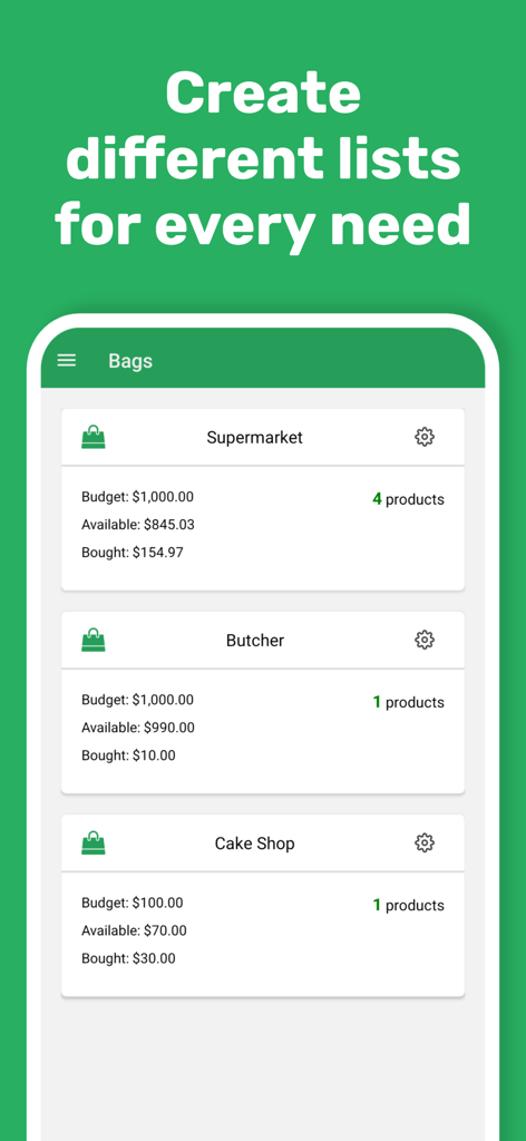 Listay mobile app screen showing separate grocery lists for supermarket butcher and cake shop with real-time budget tracking