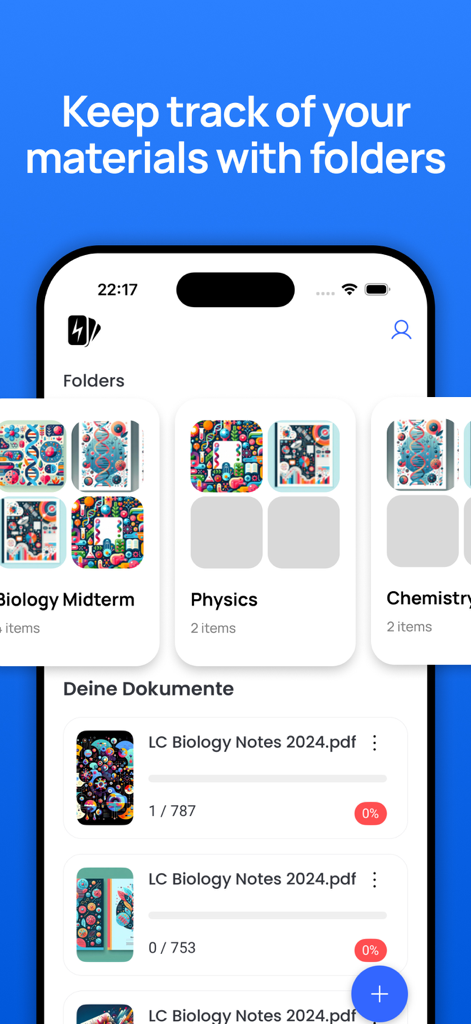 Hesse Cards - Interface of Hesse Cards app displaying study folders and document lists