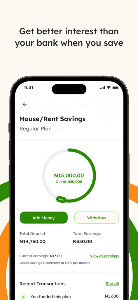 Interfaz de la aplicación Ladda que muestra el progreso de una meta de ahorro para casa y alquiler en Naira nigeriano