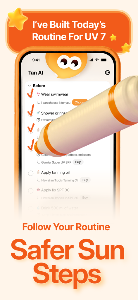 Interfaz de la aplicación Tan AI mostrando una lista de verificación de rutina de bronceado personalizada para un índice UV de 7 con pasos de sol más seguros.