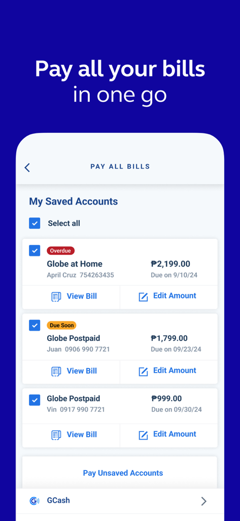 GlobeOne: Get More from Globe - Captura de pantalla de la interfaz de la aplicación GlobeOne que muestra la función Pagar Todas las Facturas con una lista de cuentas guardadas y estados de pago