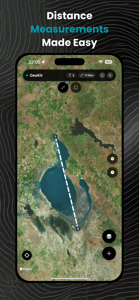 GeoKit: Geology Toolkit - Satellite map showing a 77.9 km distance measurement between two points in the GeoKit app interface