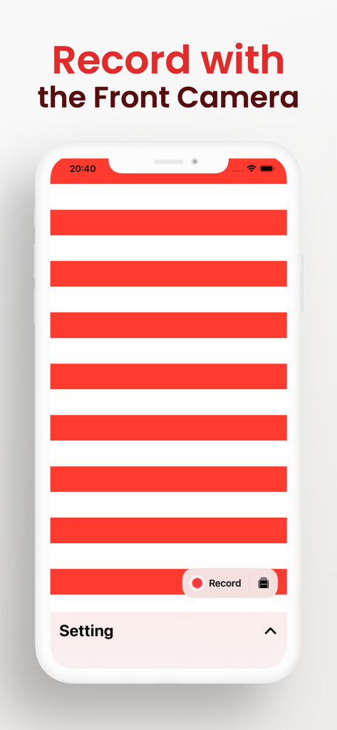 OKN Viewer app interface showing red and white stripes and front camera recording button