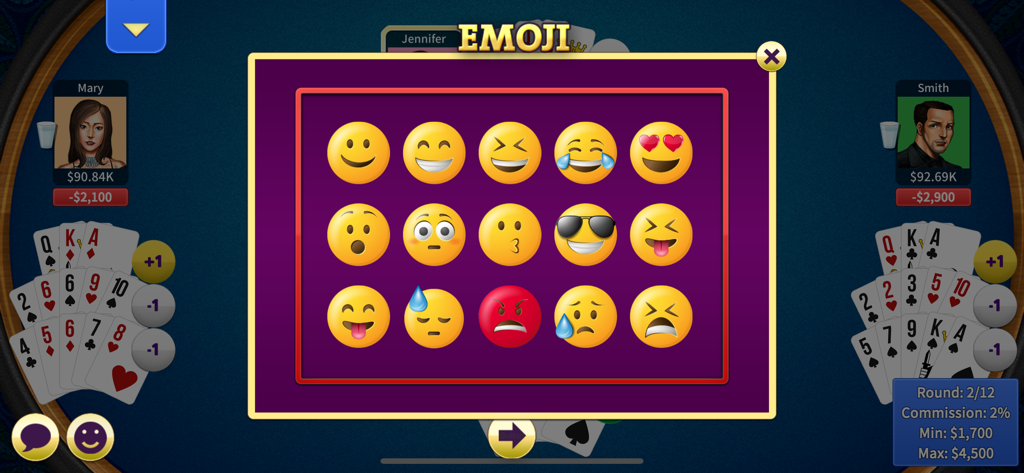 Pai Gow Online - KK Paigow 2 - Emoji selection menu in the Pai Gow Online mobile game interface