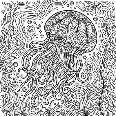 Dive into an underwater fantasy with this stunning Flower Hat Jellyfish coloring page, featuring intricate patterns and flowing tentacles. This detailed design offers a captivating artistic challenge for all ocean enthusiasts.