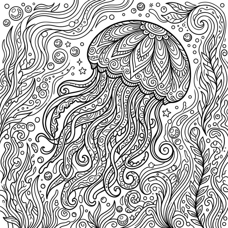 Dive into an underwater fantasy with this stunning Flower Hat Jellyfish coloring page, featuring intricate patterns and flowing tentacles. This detailed design offers a captivating artistic challenge for all ocean enthusiasts.