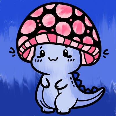 a kawaii dinosaur in a mushroom hat