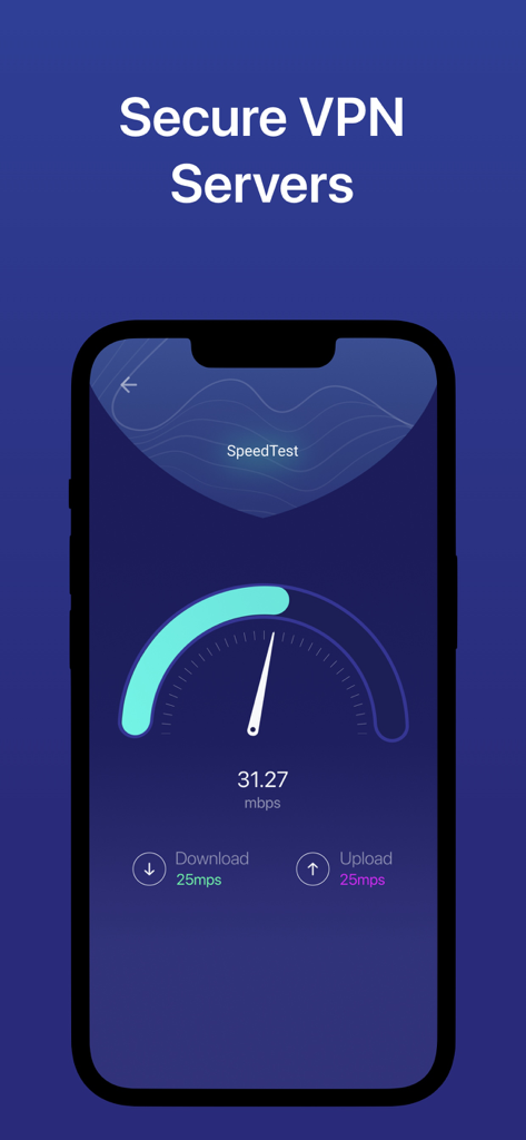 Interfaz de la aplicación Super VPN Master que muestra los resultados de una prueba de velocidad de red con un medidor y métricas de descarga y carga.