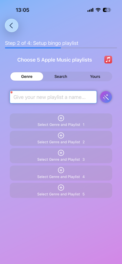 Interfaz para configurar una lista de reproducción de bingo musical personalizada eligiendo listas de reproducción de Apple Music en la aplicación Song Bingo.