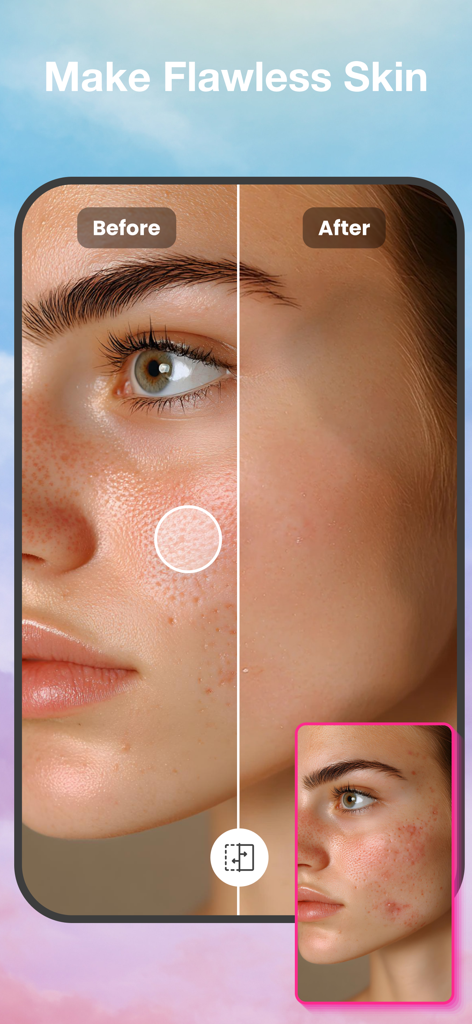 AI Brushmind: Photo Magic - Before and after comparison showing AI skin smoothing and retouching features for flawless results