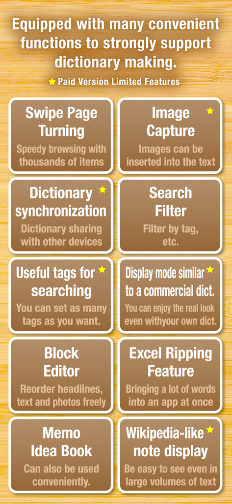 Newpedia -Dictionary Creation- - A list of Newpedia app features for custom dictionary creation including synchronization and search filters.