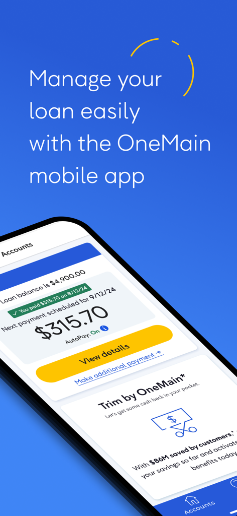 A smartphone screen displaying the OneMain Financial mobile app with loan balance details and payment scheduling options.