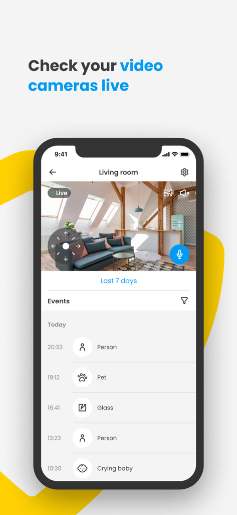 Monitorización de vídeo en vivo de una sala de estar con un registro de eventos para la detección de personas y mascotas.